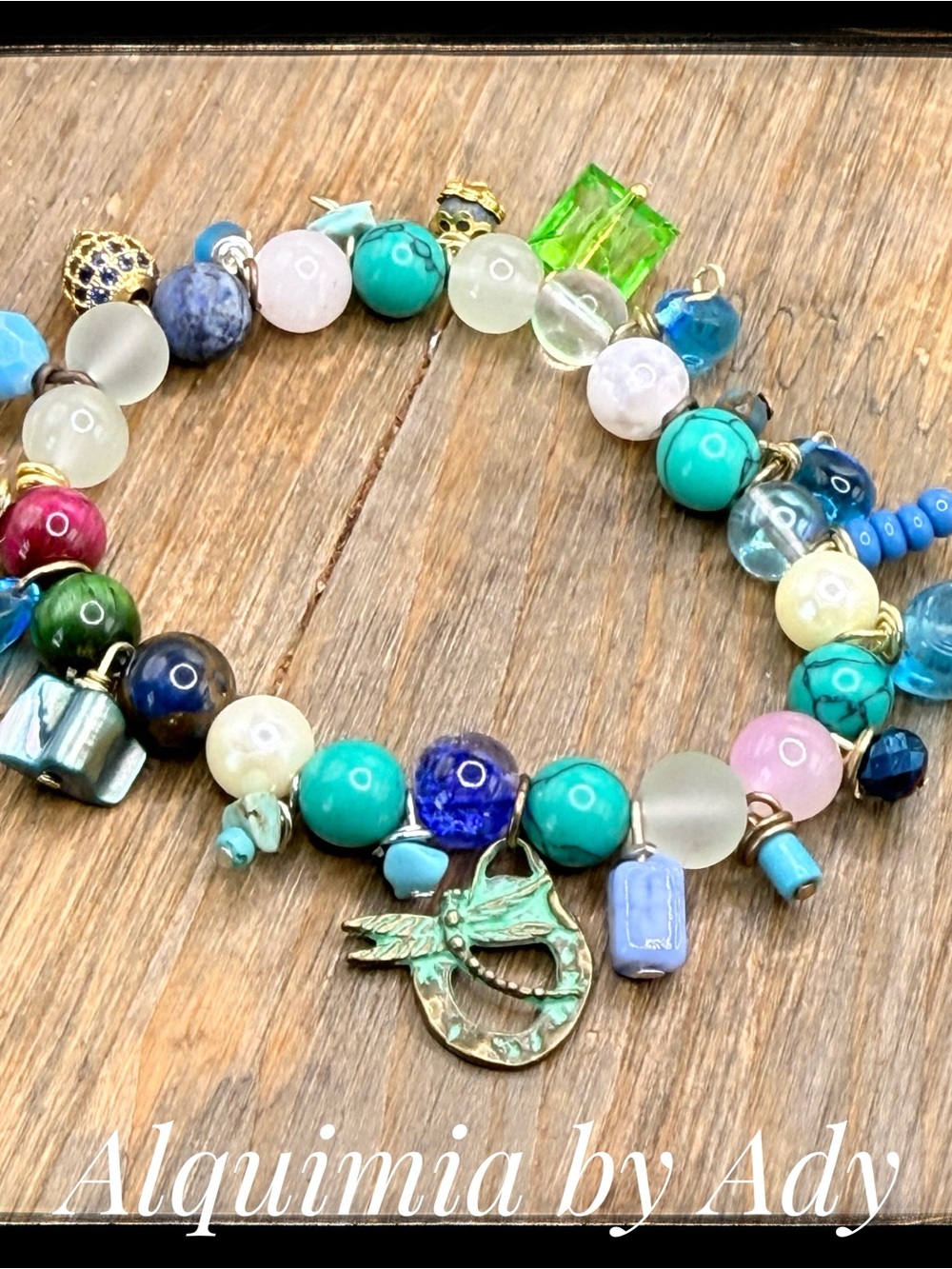 Blue mother of pearl and turquoise statement bracelet